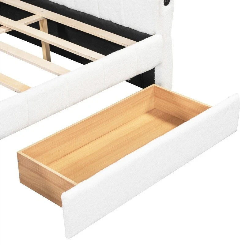 Upholstered Daybed with 2 Storage Drawers, Queen Size Sofa Bed Frame with USB Ports Design and Wood Slats Support 13