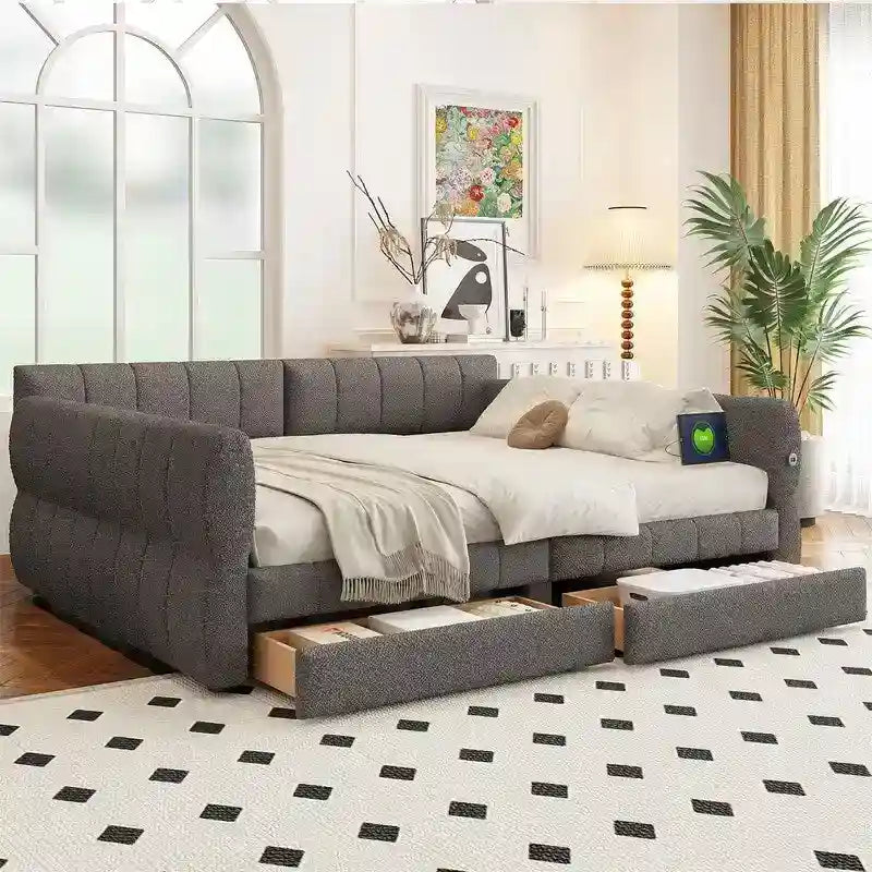 Upholstered Daybed with 2 Storage Drawers, Queen Size Sofa Bed Frame with USB Ports Design and Wood Slats Support 16