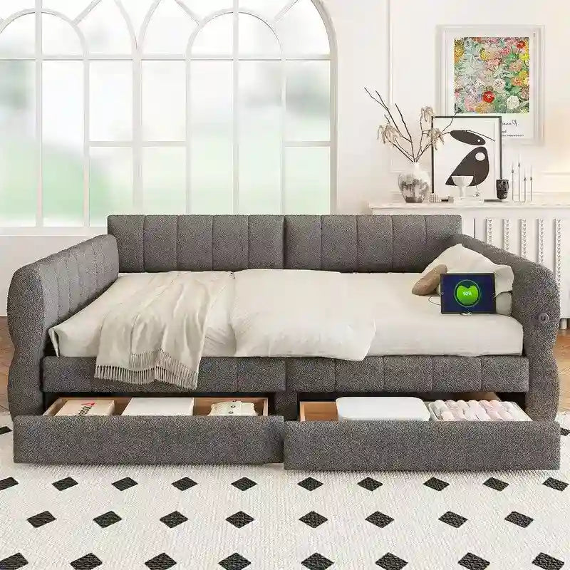 Upholstered Daybed with 2 Storage Drawers, Queen Size Sofa Bed Frame with USB Ports Design and Wood Slats Support 17