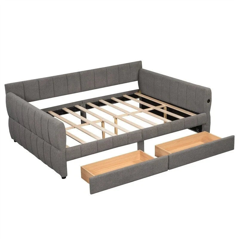 Upholstered Daybed with 2 Storage Drawers, Queen Size Sofa Bed Frame with USB Ports Design and Wood Slats Support 18