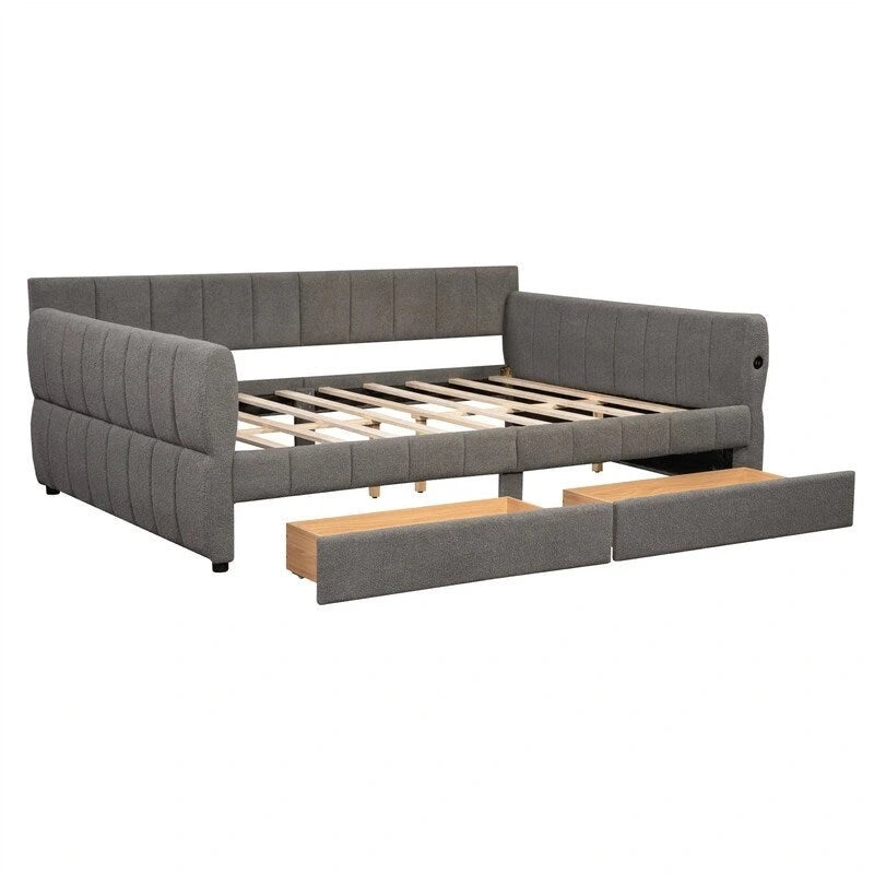Upholstered Daybed with 2 Storage Drawers, Queen Size Sofa Bed Frame with USB Ports Design and Wood Slats Support 19