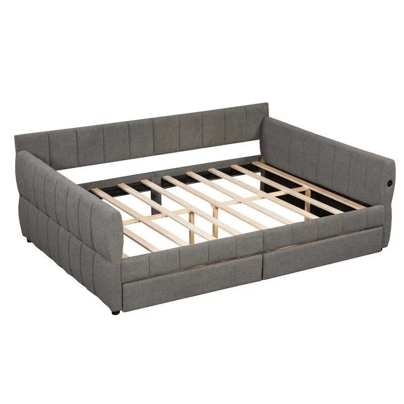 Upholstered Daybed with 2 Storage Drawers, Queen Size Sofa Bed Frame with USB Ports Design and Wood Slats Support 20