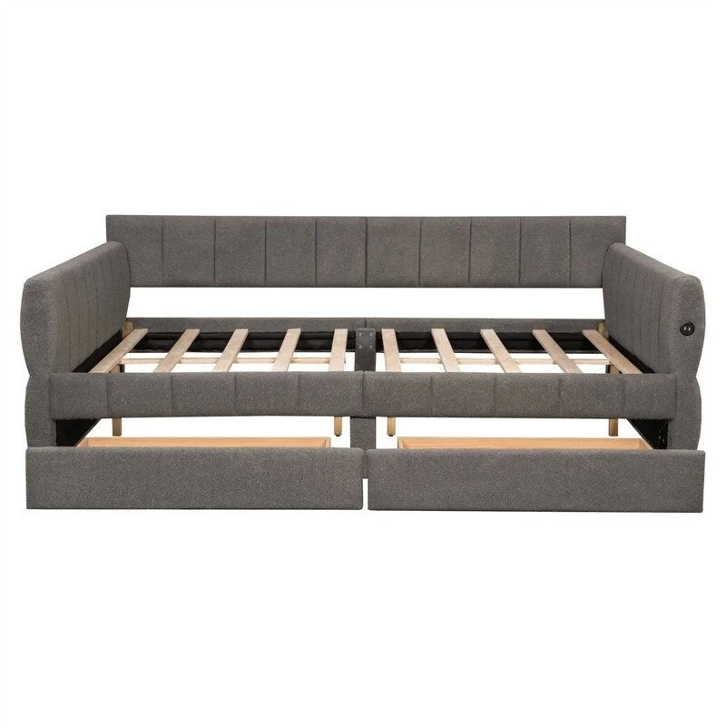 Upholstered Daybed with 2 Storage Drawers, Queen Size Sofa Bed Frame with USB Ports Design and Wood Slats Support 21