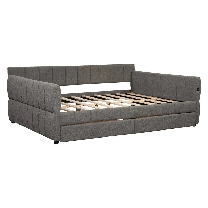 Upholstered Daybed with 2 Storage Drawers, Queen Size Sofa Bed Frame with USB Ports Design and Wood Slats Support 22