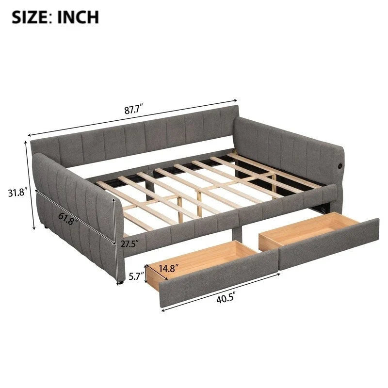 Upholstered Daybed with 2 Storage Drawers, Queen Size Sofa Bed Frame with USB Ports Design and Wood Slats Support 23
