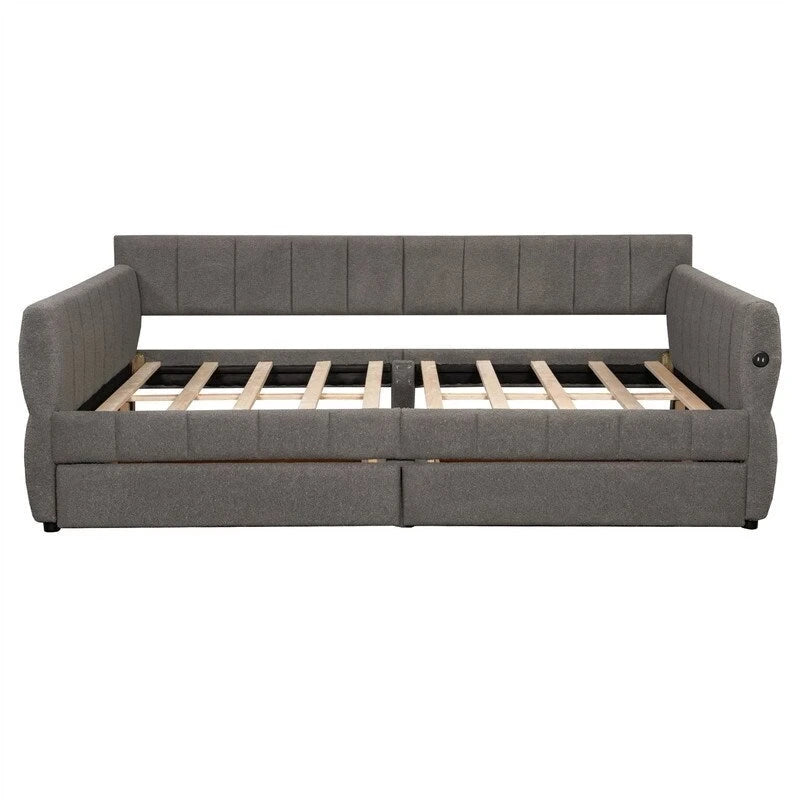 Upholstered Daybed with 2 Storage Drawers, Queen Size Sofa Bed Frame with USB Ports Design and Wood Slats Support 24