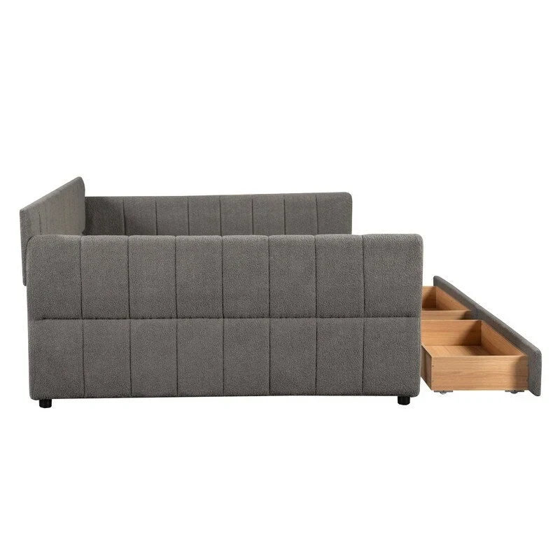 Upholstered Daybed with 2 Storage Drawers, Queen Size Sofa Bed Frame with USB Ports Design and Wood Slats Support 25