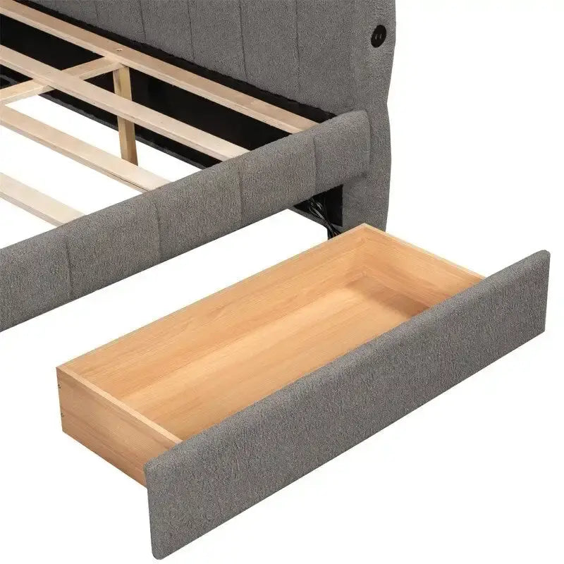 Upholstered Daybed with 2 Storage Drawers, Queen Size Sofa Bed Frame with USB Ports Design and Wood Slats Support 26