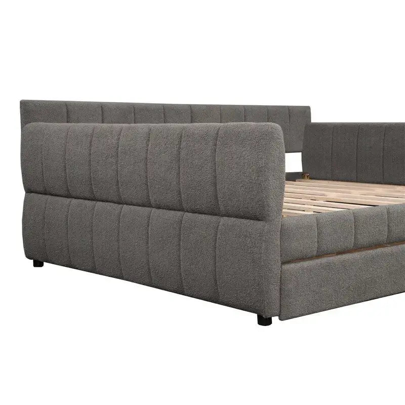 Upholstered Daybed with 2 Storage Drawers, Queen Size Sofa Bed Frame with USB Ports Design and Wood Slats Support 27