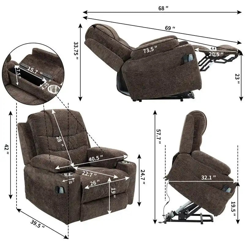 Overstuffed Chenille Power Lift Recliner With Extended Footrest,lift Assist,heat/message,ubs/type C Charging & Storage 6