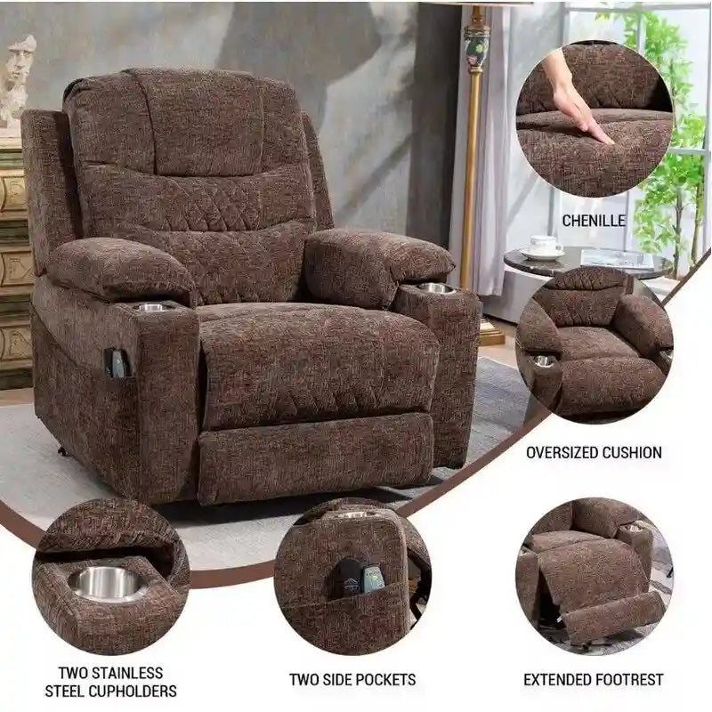 Overstuffed Chenille Power Lift Recliner With Extended Footrest,lift Assist,heat/message,ubs/type C Charging & Storage 7