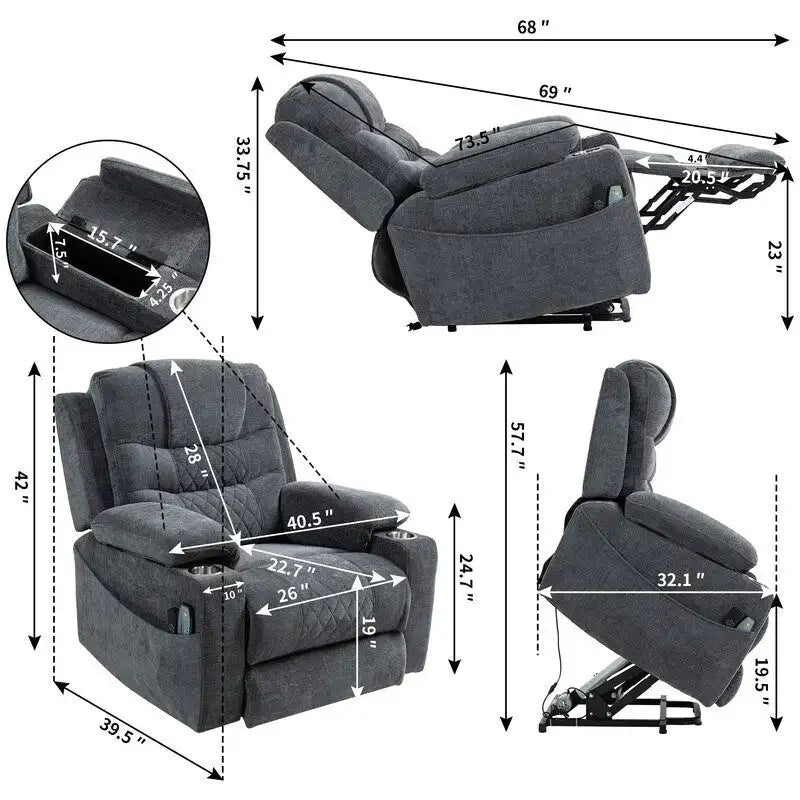 Overstuffed Chenille Power Lift Recliner With Extended Footrest,lift Assist,heat/message,ubs/type C Charging & Storage 17