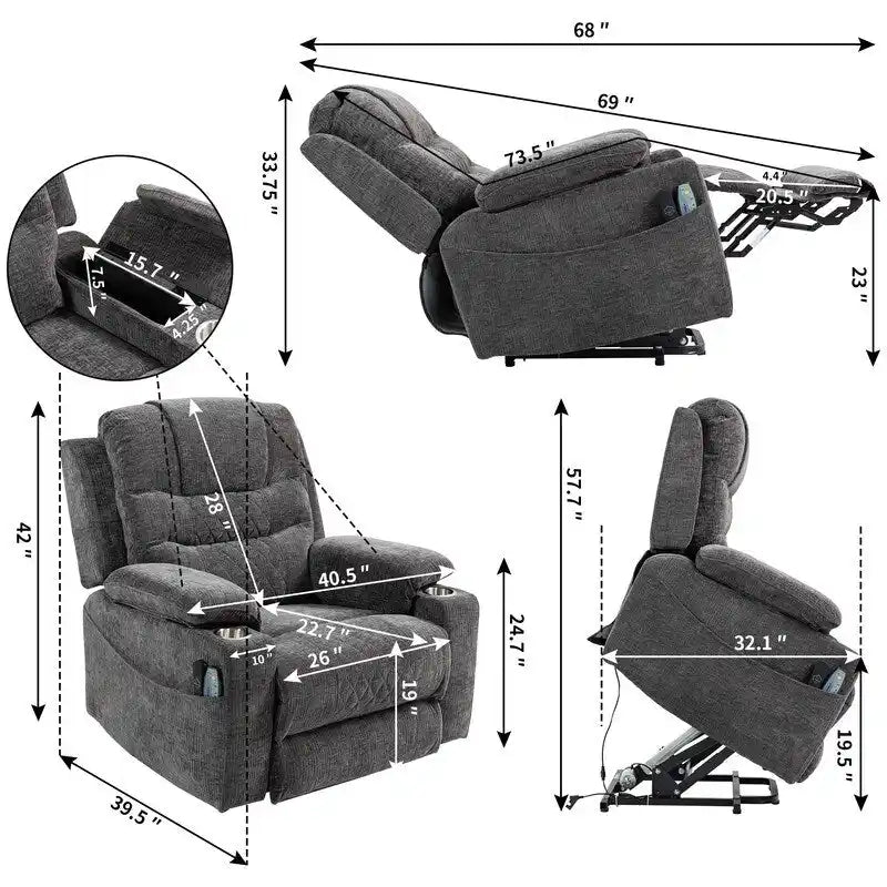 Overstuffed Chenille Power Lift Recliner With Extended Footrest,lift Assist,heat/message,ubs/type C Charging & Storage 28