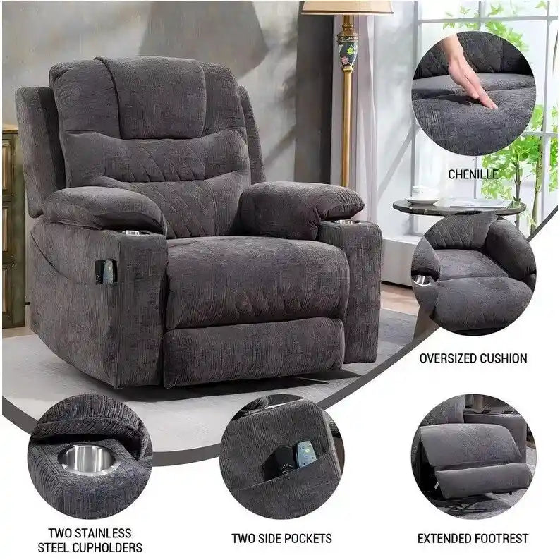Overstuffed Chenille Power Lift Recliner With Extended Footrest,lift Assist,heat/message,ubs/type C Charging & Storage 29