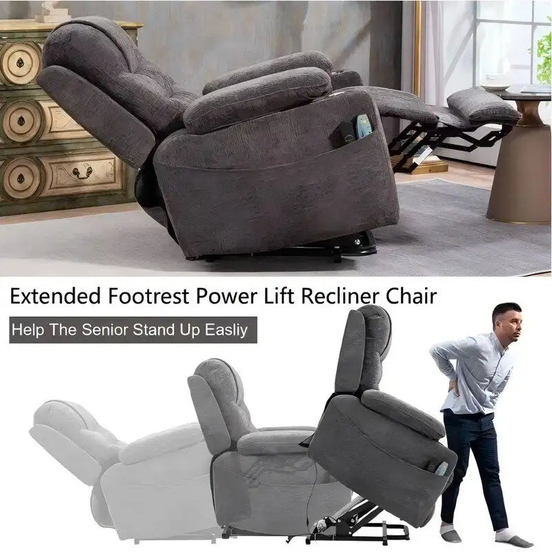 Overstuffed Chenille Power Lift Recliner With Extended Footrest,lift Assist,heat/message,ubs/type C Charging & Storage 33