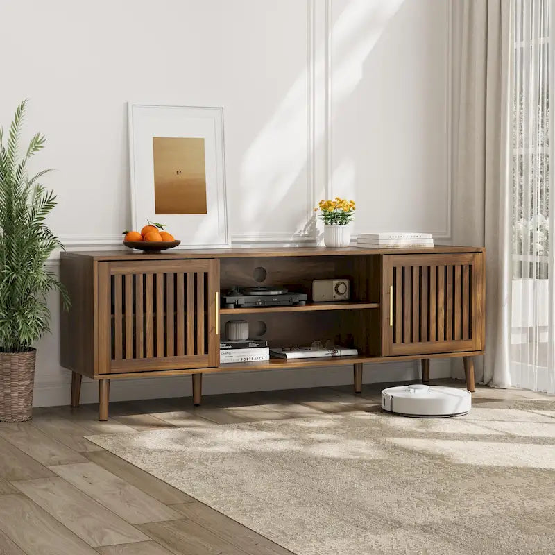 63 inch TV stand with 2 grille door cabinets and adjustable storage rack, Medieval modern TV cabinets with storage space 9