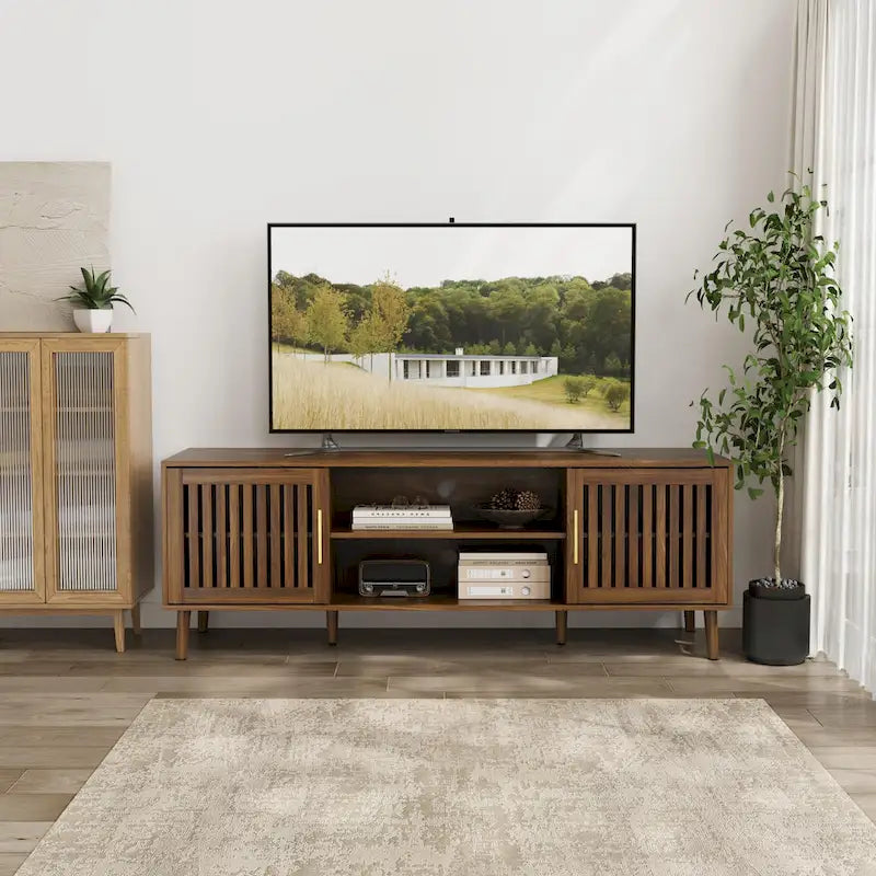 63 inch TV stand with 2 grille door cabinets and adjustable storage rack, Medieval modern TV cabinets with storage space 3
