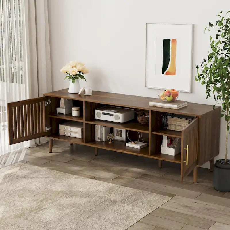 63 inch TV stand with 2 grille door cabinets and adjustable storage rack, Medieval modern TV cabinets with storage space 4