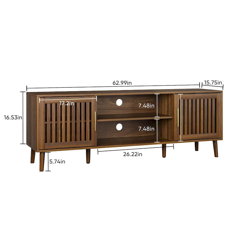 63 inch TV stand with 2 grille door cabinets and adjustable storage rack, Medieval modern TV cabinets with storage space 7