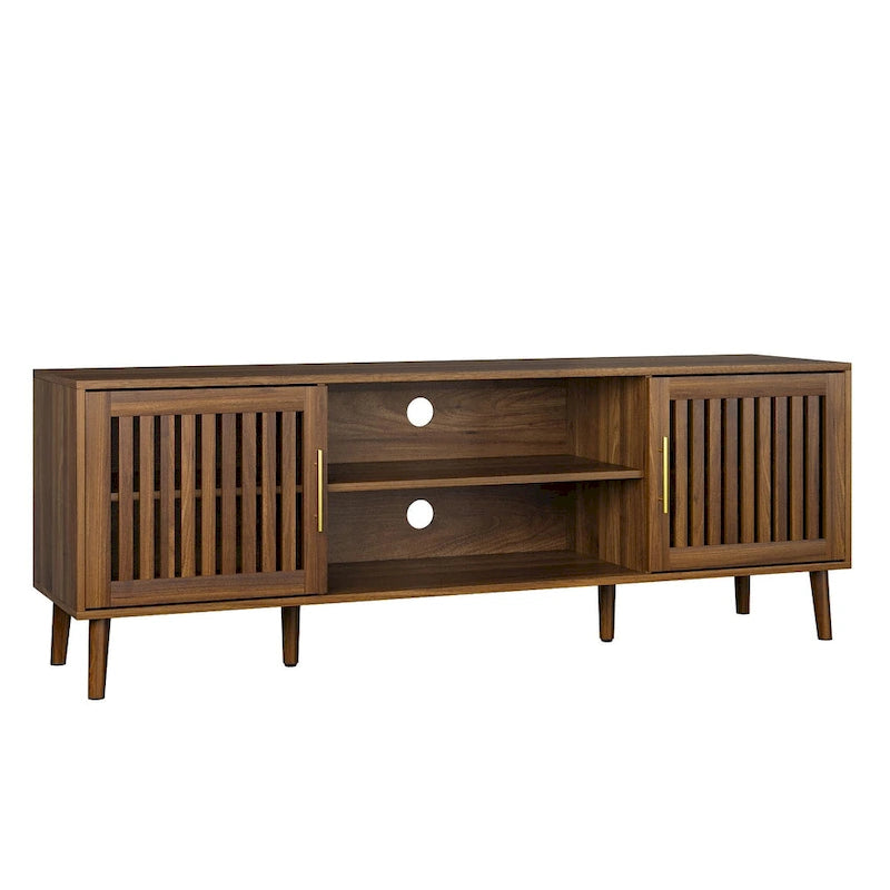 63 inch TV stand with 2 grille door cabinets and adjustable storage rack, Medieval modern TV cabinets with storage space 8
