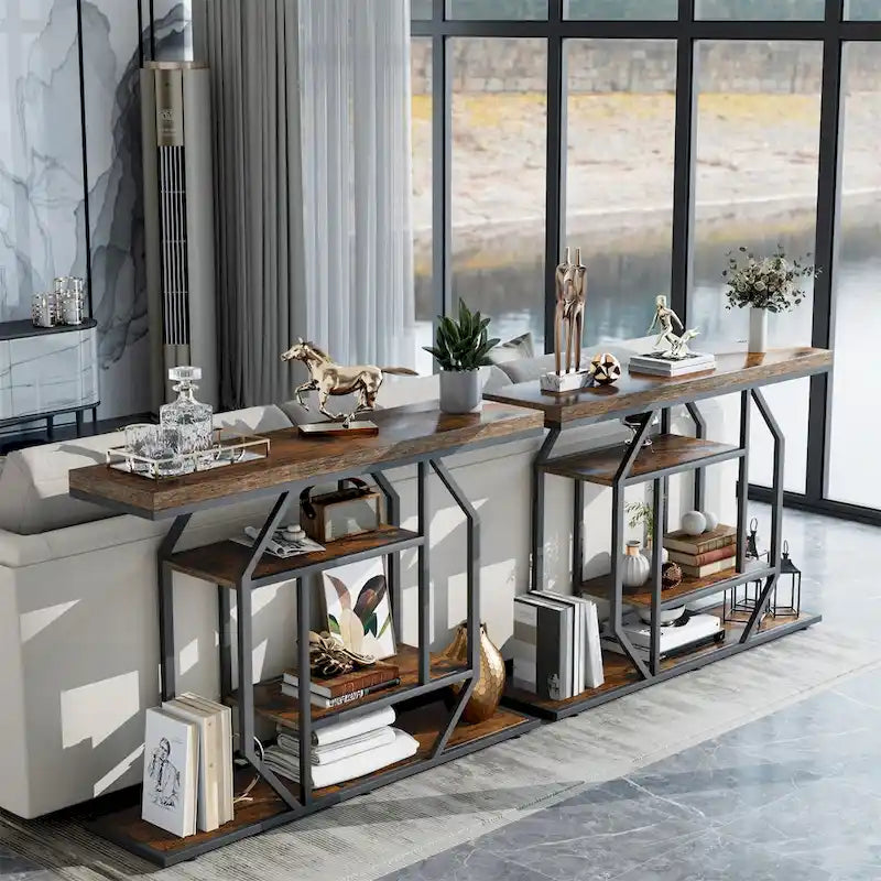 47.24 Rustic Long Console Entry Table Sofa Storage Table Behind Couch with 4 Tier Shelves