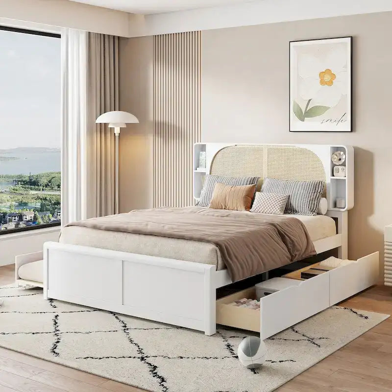 Queen Size Rattan Headboard Bed with Two Storage Drawers and Trundle, White 13