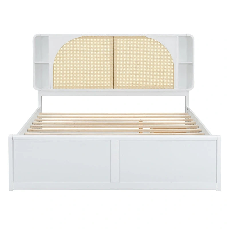 Queen Size Rattan Headboard Bed with Two Storage Drawers and Trundle, White 3