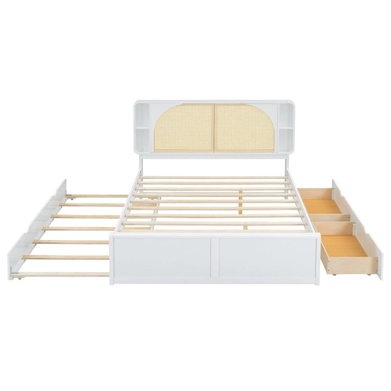 Queen Size Rattan Headboard Bed with Two Storage Drawers and Trundle, White 4