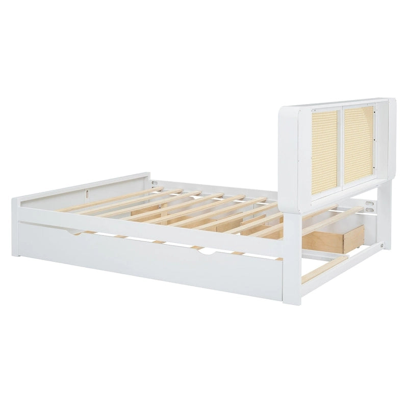 Queen Size Rattan Headboard Bed with Two Storage Drawers and Trundle, White 5
