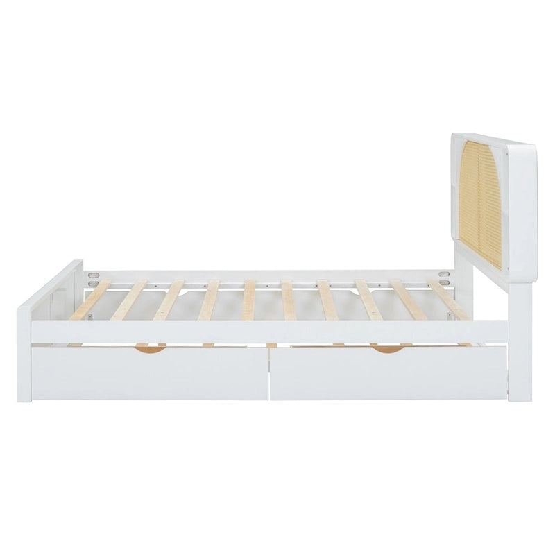 Queen Size Rattan Headboard Bed with Two Storage Drawers and Trundle, White 6