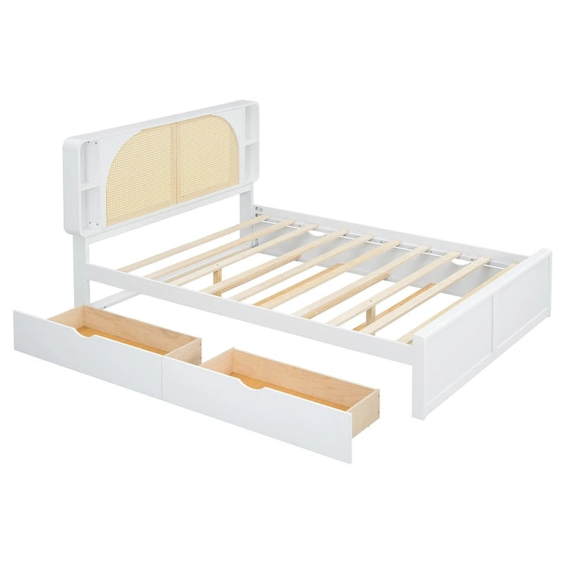 Queen Size Rattan Headboard Bed with Two Storage Drawers and Trundle, White 7