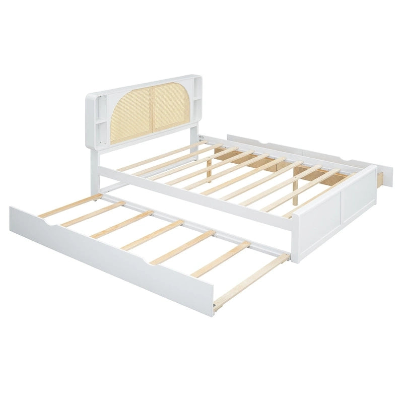 Queen Size Rattan Headboard Bed with Two Storage Drawers and Trundle, White 8