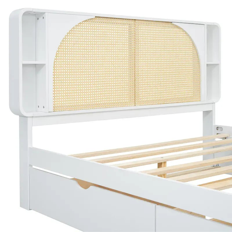 Queen Size Rattan Headboard Bed with Two Storage Drawers and Trundle, White 9