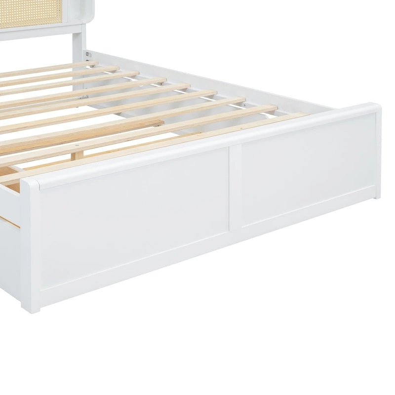 Queen Size Rattan Headboard Bed with Two Storage Drawers and Trundle, White 11