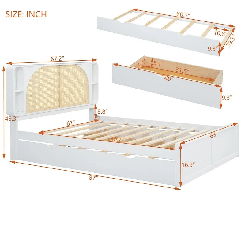 Queen Size Rattan Headboard Bed with Two Storage Drawers and Trundle, White 12