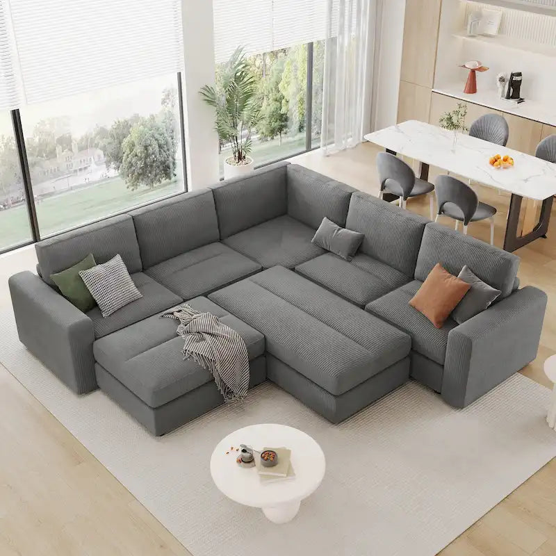 Corduroy Sectional Couch Sofa Bed, Modular Sectional Sofa Sleeper Recliner Sofa Couch with 2 Movable Ottomans for Living Room 21