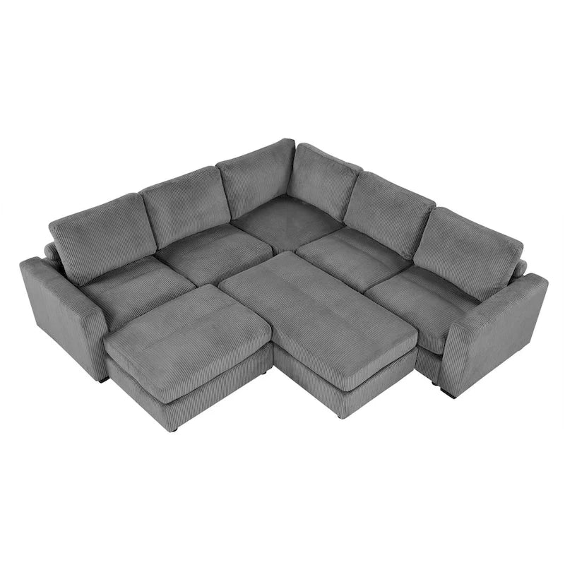 Corduroy Sectional Couch Sofa Bed, Modular Sectional Sofa Sleeper Recliner Sofa Couch with 2 Movable Ottomans for Living Room 3