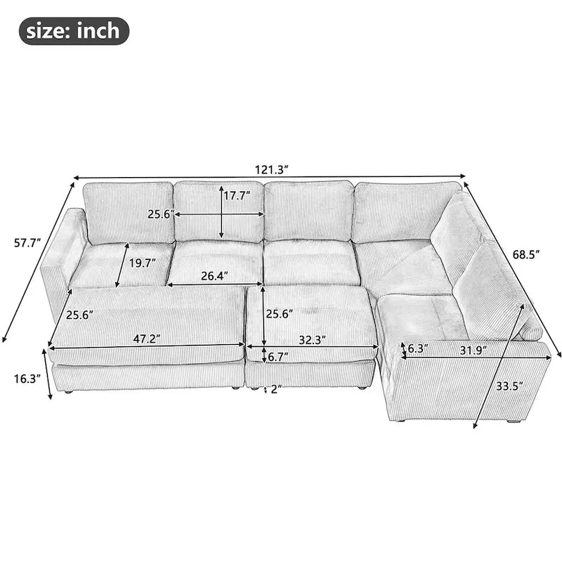 Corduroy Sectional Couch Sofa Bed, Modular Sectional Sofa Sleeper Recliner Sofa Couch with 2 Movable Ottomans for Living Room 5