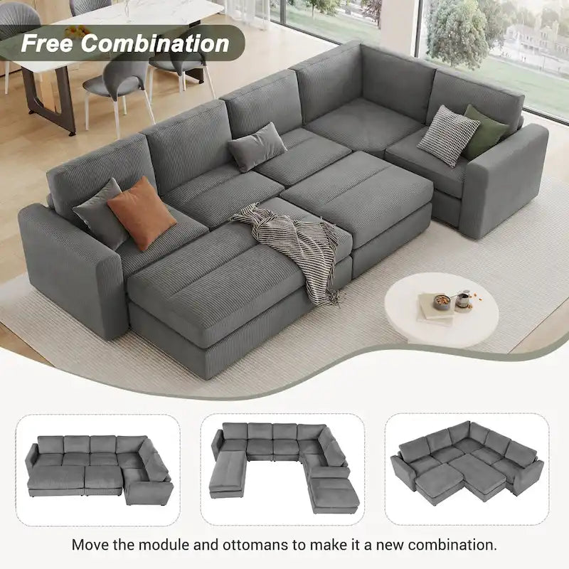 Corduroy Sectional Couch Sofa Bed, Modular Sectional Sofa Sleeper Recliner Sofa Couch with 2 Movable Ottomans for Living Room 6