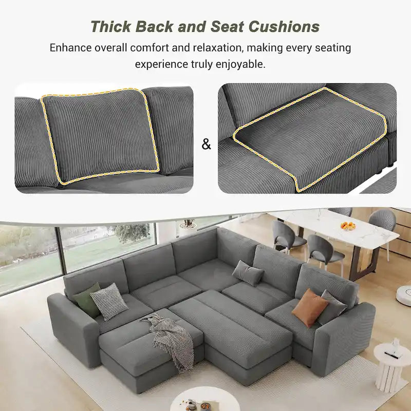 Corduroy Sectional Couch Sofa Bed, Modular Sectional Sofa Sleeper Recliner Sofa Couch with 2 Movable Ottomans for Living Room 7