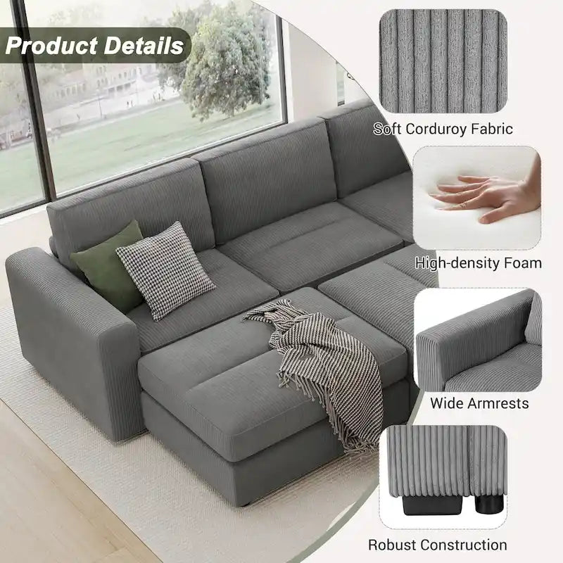 Corduroy Sectional Couch Sofa Bed, Modular Sectional Sofa Sleeper Recliner Sofa Couch with 2 Movable Ottomans for Living Room 8