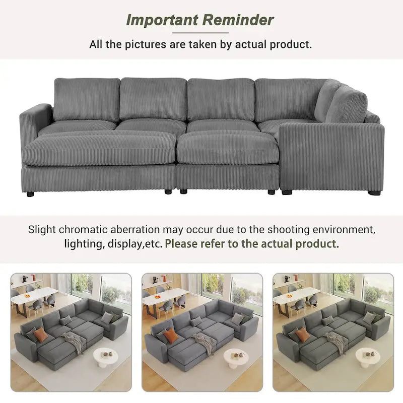 Corduroy Sectional Couch Sofa Bed, Modular Sectional Sofa Sleeper Recliner Sofa Couch with 2 Movable Ottomans for Living Room 9