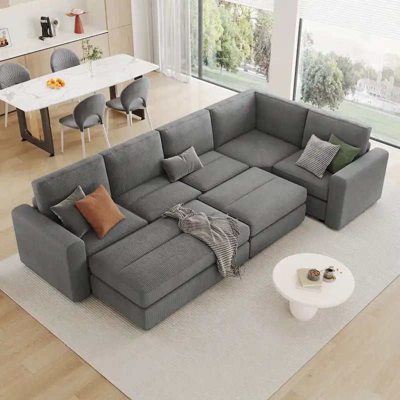 Corduroy Sectional Couch Sofa Bed, Modular Sectional Sofa Sleeper Recliner Sofa Couch with 2 Movable Ottomans for Living Room 10