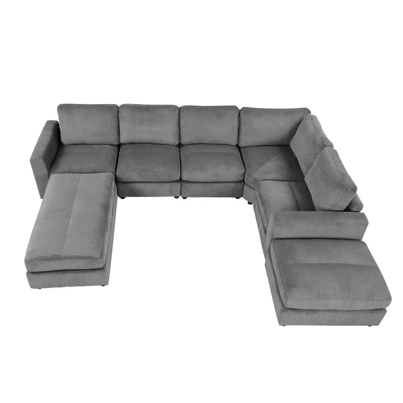 Corduroy Sectional Couch Sofa Bed, Modular Sectional Sofa Sleeper Recliner Sofa Couch with 2 Movable Ottomans for Living Room 13