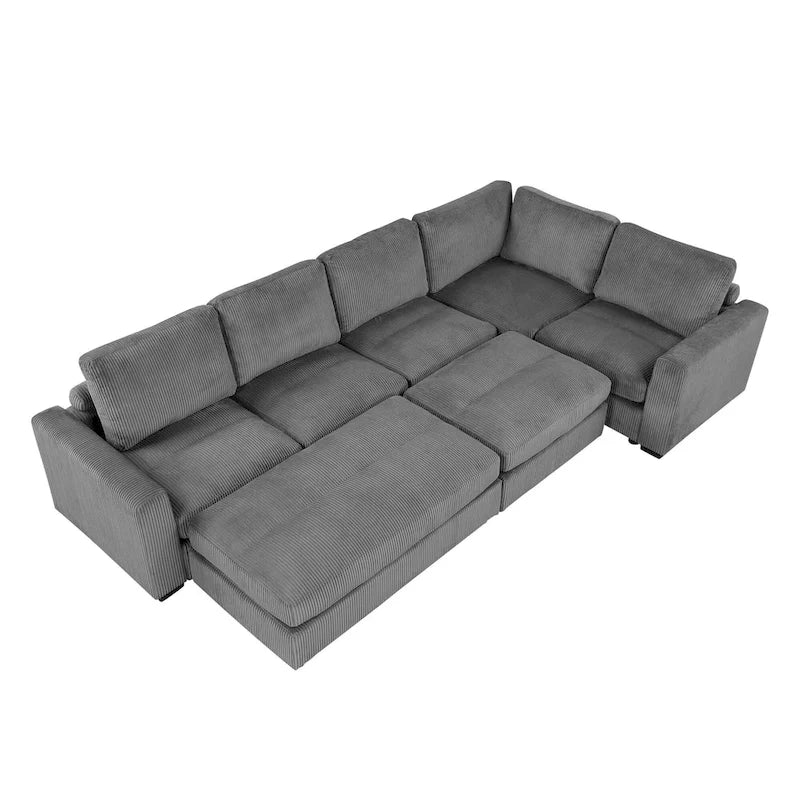 Corduroy Sectional Couch Sofa Bed, Modular Sectional Sofa Sleeper Recliner Sofa Couch with 2 Movable Ottomans for Living Room 15