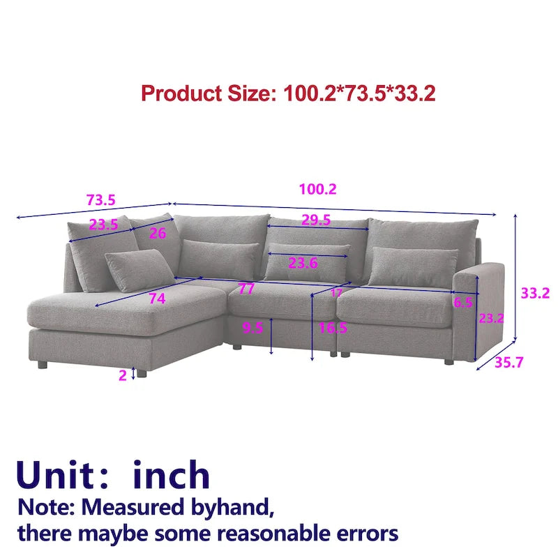 100.2 Linen L-Shaped Sectional Sofa with Ottoman & Lumbar Pillows