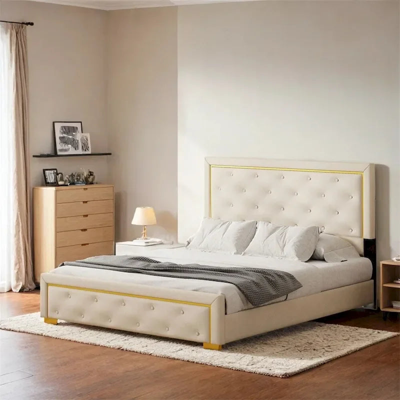 Queen Size Upholstered Platform Bed with Pull Point Headboard