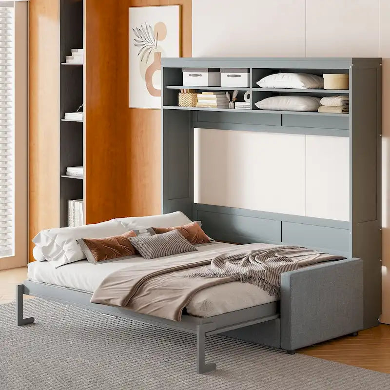 Queen Convertible Murphy Bed with Sofa, 2-in-1 Design, Storage & Dual-Piston Mechanism 21