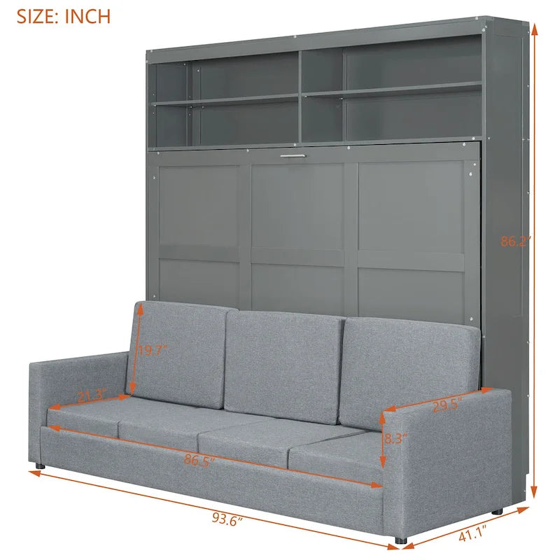 Queen Convertible Murphy Bed with Sofa, 2-in-1 Design, Storage & Dual-Piston Mechanism