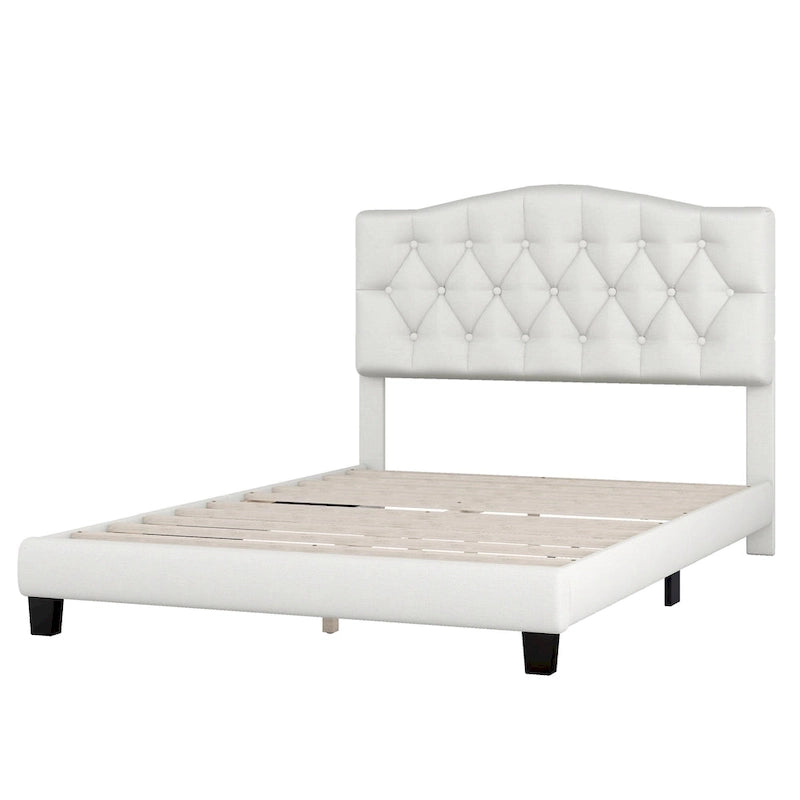 Upholstered Platform Bed with Saddle Curved Headboard and Diamond Tufted Details, Full, Beige 3